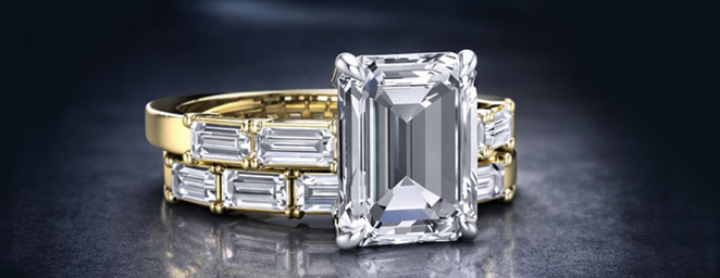 Emerald cut diamond engagement ring and matching band